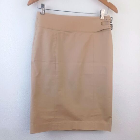 Ralph Lauren Tan Pencil Skirt silver Side Buckles size 2 - Picture 1 of 6